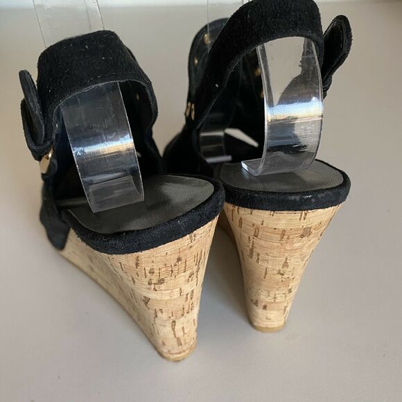 Stuart Weitzman Open Toe Slingback Wedge Sandal Eyeliner Black Suede Gro… - Picture 5 of 7